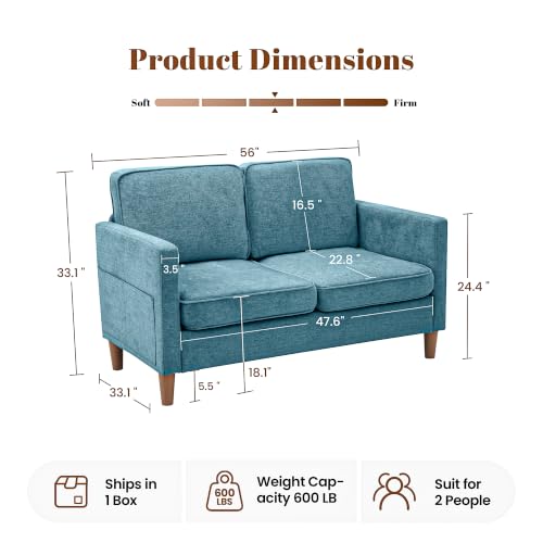 Image of 56 inch Chenille Loveseat Sofa, Mid Century Modern 2 Seater Love Seat Couch