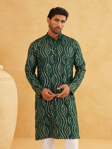 Image of SOJANYA (Since 1958 Men's Silk Blend Navy Blue Kurta with Multi Color Embroidery