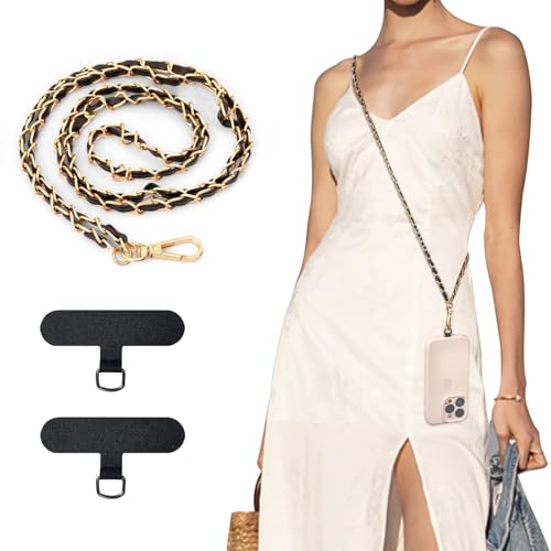 GIUSOBG 2 Pièces Chaîne de cou pour Téléphone Portable 120cm/30cm avec 4 pcs Patch d'attache de Téléphone, Bandoulière chaîne, Compatible Avec Tous Coques Pour Smartphone (Noir)