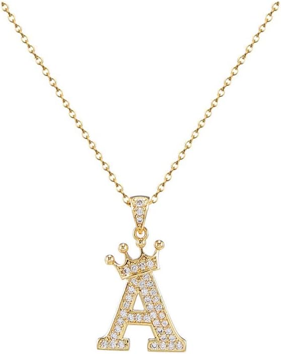 Crown A-Z Initial Necklace Gold-Tone Sparkling Crystal Monogram Letters Pendant Necklaces for Women Alphabet Name Jewelry Gift