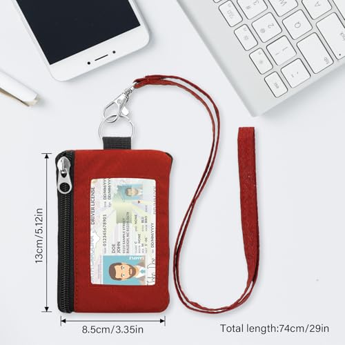 Image of Minimalist RFID Wallet with Lanyard, Multi-Functional ID Case with 2 Zipper Pockets and Key Chain for Men and Women, Tactical Badge Pouch Cards Holder, Coin Purse for Travel Sports - Red&Pink