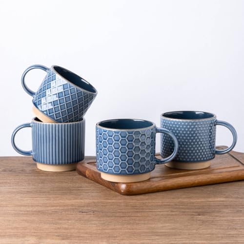 GBhome Set of 4 Stackable Ceramic Coffee Mugs 350ml - Textured Mo...
