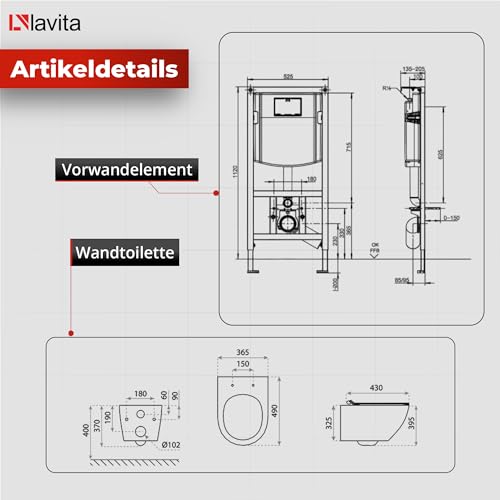 Lavita ViConnect H112 Vorwandelement Unterputz WC mit Bedienplatte + Wand Hänge Tiefspül WC Sofi Slim Checked Gold Spülrandlos + WC Sitz Komplettset Unterputz Spülkasten Toilette Komplett Sett WC – Bild 3