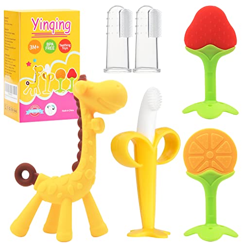 Image of Teething Toys for Babies 3-6 Months | 6-12 Months, Baby Teether Relief Sore Gums, Banana Finger Toothbrushes, Silicone Fruit Shape Giraffe Teethers with Box, Bpa-Free