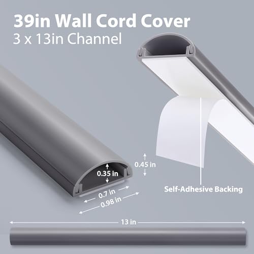 Image of ZhiYo 39in Cord Covers for 1-2 Wires on Wall, 1 inch W x 0.4 inch H, Grey