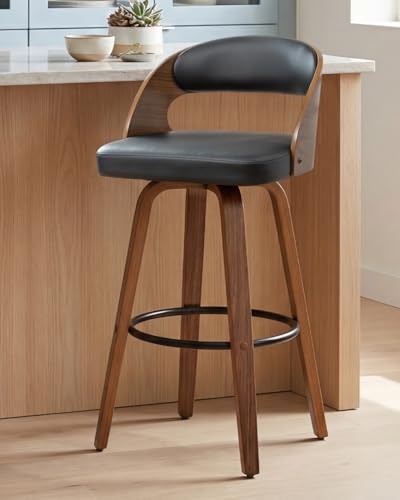 Image of AQG Swivel Bar stools Set of 2 Bar Chairs 30 inch Counter Height Mid-Century Modern Bentwood Barstool PU Leather Upholstered Bar Chair with Back and Footrest, for Bar, Cafe, Dining, Kitchen Island, Black
