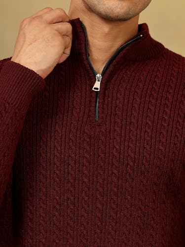 Image of Kvetoo Men's Full Sleeve High Neck Zipper Sweater| Warm Cable Knit Quarter Zip Pullover | Wool Winter Sweater for Casual & Office Wear
