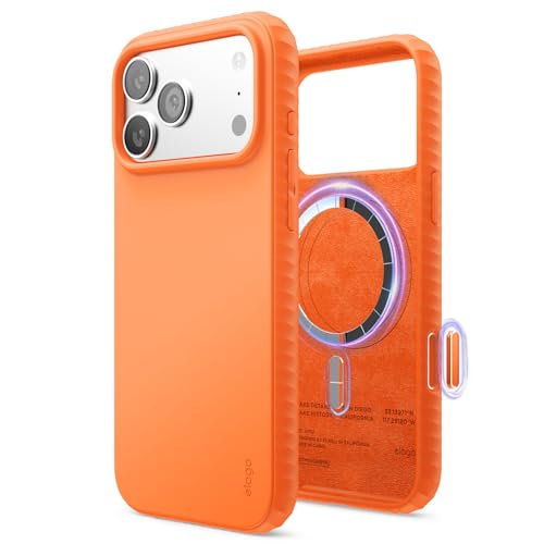 Image of elago Magnetic Ridge Silicone Case for iPhone 17 Pro Max Orange | Compatible with MagSafe, Liquid Silicone Material, Protection, Shockproof, Slim Phone (Orange)