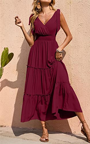 Image of PRETTYGARDEN Women's Cross Neck Summer Sleeveless Tiered Maxi Dress Beach Tie Strap Smocked Long Dresses Pleated Sundress