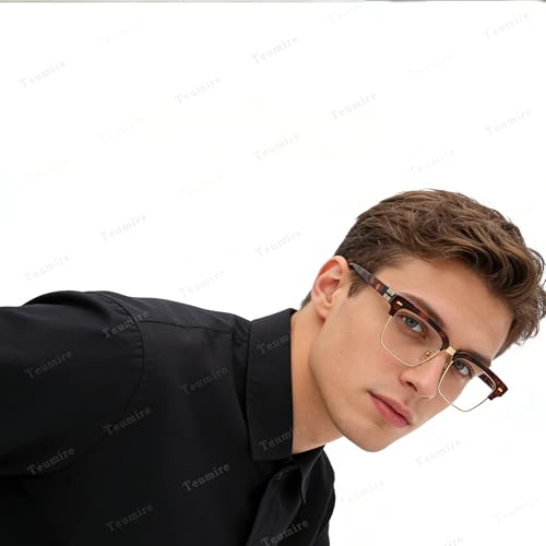 Image of Semi Rimless Rectangle Blue Light Glasses Men Women Black Square Eyewear