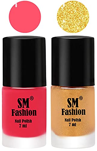 Image of Long Lasting Nail Polish | Nail Paint Combo 7 ml Each) - Set of 2 Dark Pink-Light Golden