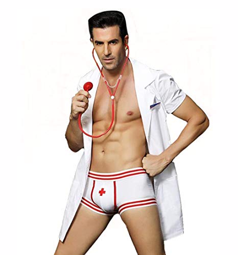 Sexy Men Lingerie Uniform Costume Doctor Role Play Outfits Suit Pajamas with Boxer Briefs & Earpiece Set Halloween Gentleman Outfits