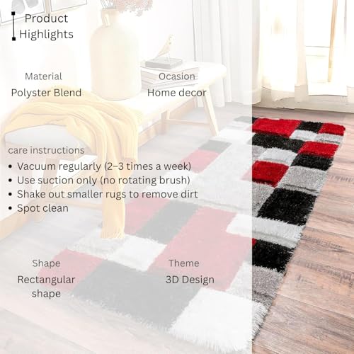 Image of Carpet for Hallway, Kitchen, and Modern Interiors, Cozy Shag Runner for Living Room, Entryway & Office Decor Size 2x6 feet Red B 3D