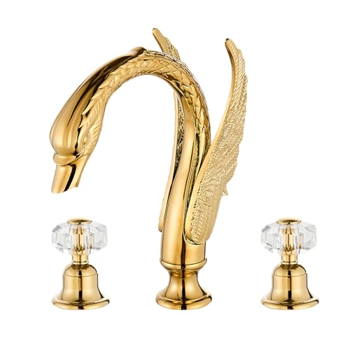 Golden Ornate Swan Style Bathroom Sink Faucet Combo Deck Mount Sink Mixer Tap Set Hot Cold Water