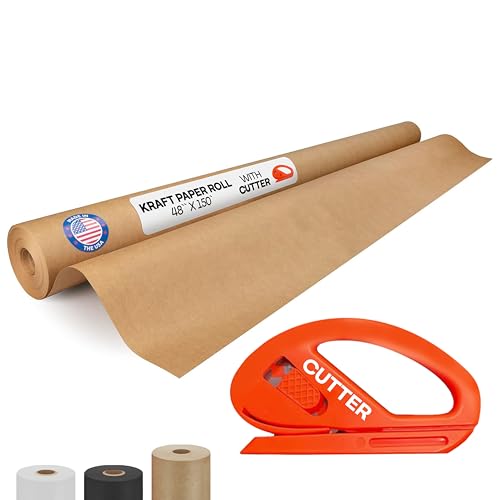 Image of Brown Kraft Paper Roll 48 inch x 1800 inch (150 feet) with Cutter - USA-Made | Quality Paper 50lb Thickness for Wrapping, Packing, Moving, Shipping, & Crafts /Arts - Natural Kraft Material by IDL Packaging