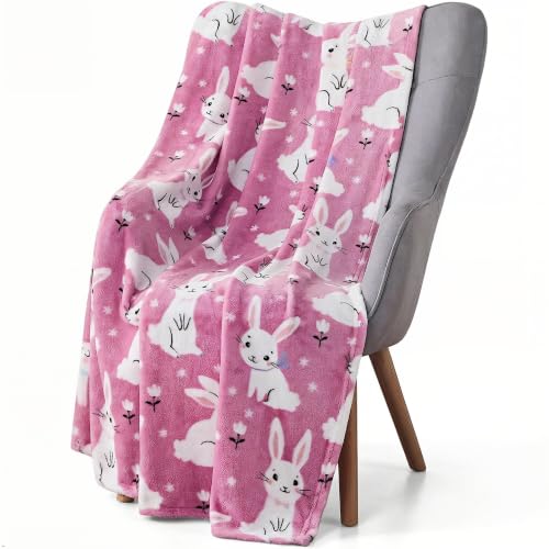 Spring Easter Soft Fleece Throw Blanket, Bunny Flowers Pink White 50x60