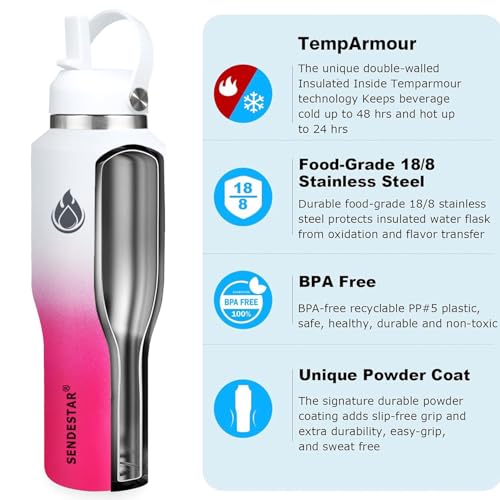 Image of SENDESTAR 40oz Stainless Steel Water Bottle(Cold for 48 Hrs, Hot for 24 Hrs),Double Wall Vacuum Insulated Bottle with Straw Lid, Spout Lid and Flex Cap, Fit in Any Car Cup Holder
