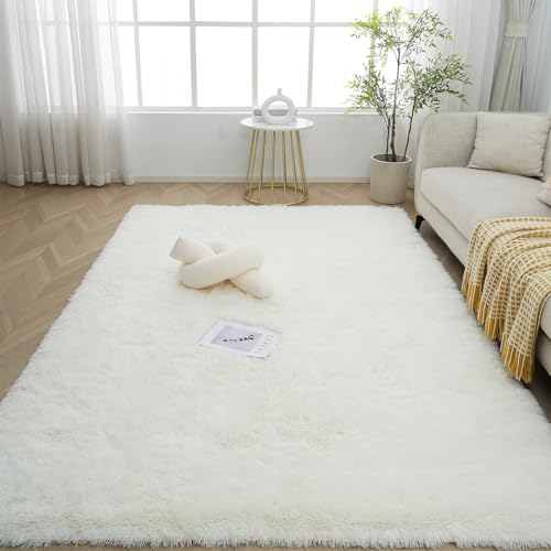 FREOSEN Tapis Salon Chambre Blanc 160 x 230 cm à Poils Longs Tapis de Chambre Descente de lit Moelleux Tapis Doux Poils Longs pour Salon Chambre Canapé