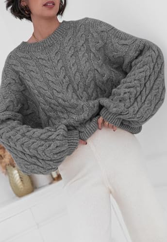 Image of PRETTYGARDEN Womens Sweaters Spring 2026 Cable Knit Long Sleeve Crewneck Oversized Sweater Chunky Pullover Loose Outfits