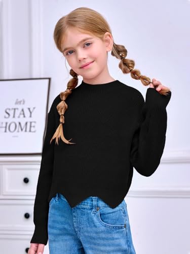 Image of Haloumoning Girls Mock Neck Sweaters Kids Fall Fashion Long Batwing Sleeve Rib Knit Pullover Clothes 5-14 Years