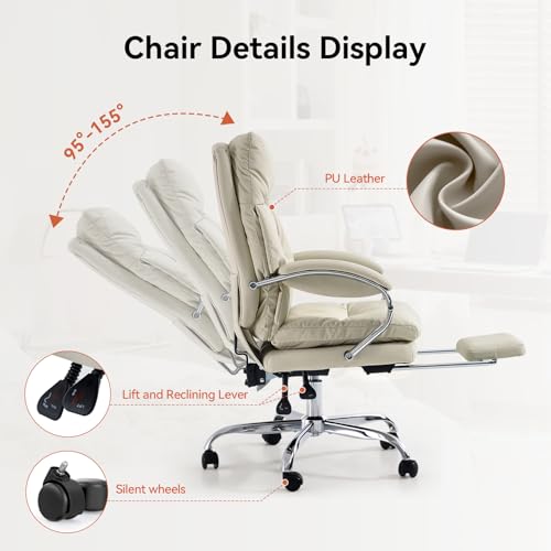 Image of LEAGOO Massage Heated Office Chairs with Foot Rest, Comfy Ergonomic Work Chair, High Back PU Leather Massage Reclining, Convertible Chaise Swivel Computer Chair with Lumbar Support and Wheel - White