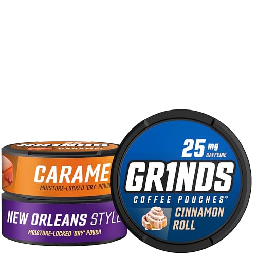 Grinds Coffee Pouches | New 3 Can Sampler | Caramel, New Orleans, Cinnamon Roll | 1 Pouch eq. 1/4 Cup of Coffee (New 3 Can Sampler Pack)