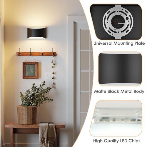 FOLKSMATE Modern LED Wall Sconces, 3000K Warm White Wall Lights Set of 2, 10W Up and Down Wall Mount Light, Matte Black Indoor Sconces Wall Lighting - Thumbnail 3