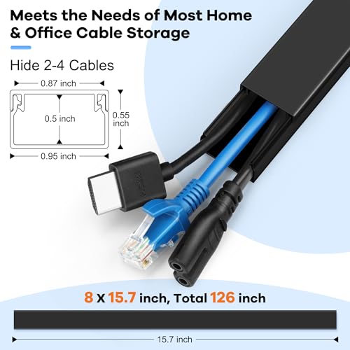 Image of 126in Cord Hider Kit, Wire Hiders for TV on Wall, Paintable Cable Management Kit, Wire Cover for Wall Mount TV, Hide Wires Along Wall, Black Cord Cover Wall Wire Management, 8xL15.7in W0.95in H0.55in