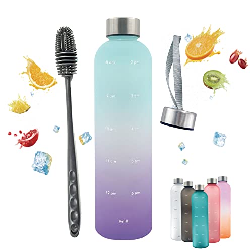 Horkos 1L Water Bottle,Motivational Time Markers,Non-Toxic BPA Free Plastic Water Bottle,Leak-Proof,1 litre Sports Bottle,Drinks Bottle for,Gym,Travel,School,Cycling,Camping(Green+Purple+cover+brush)