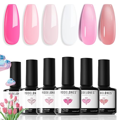 Modelones Gel Nail Polish Set, 6 Colors Light/Hot/Nude Pink Jelly Gel Nail Polish White Summer Bright Nail Polish Kit Soak Off French Manicure Diy Salon Home Led Holiday Gifts #TOP12