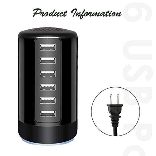6 Ports Desktop Charging Station,USB Hub Fsat Wall Charger,Compatible with Cell Phones, Smart Phones, Tablets, and Other Electronics (All Black)