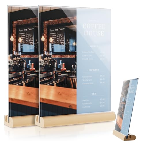 Zephyra 2PCS Soporte Metacrilato A5,A5 Soporte para Letreros de Acrílico,Soporte de Sobremesa Transparente con Base de Madera Extraíble,Forma de F/L Ranura Doble,Doble Cara para Tienda,Hotel