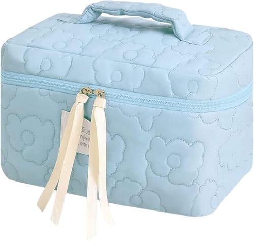 Image of Sprqcart Quilted Cotton Makeup Bag for Women - Large Capacity Travel Cosmetic Organizer with Zipper - Cute Floral Toiletry Pouch - Handheld Portable Multifunctional Storage Purse | Blue