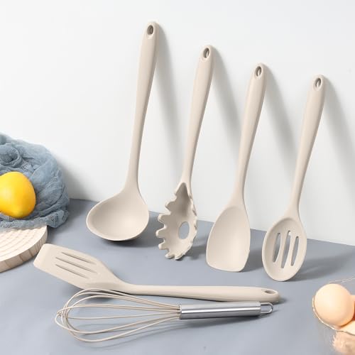 LIANYU 14 Pcs Kitchen Utensils Set with Holder, Silicone Cooking Utensils Spatula Set, Heat Resistant Cookware Tools Includes Spoon Turner Whisk Tong, Dishwasher Safe, Khaki by LIANYU - Image 8