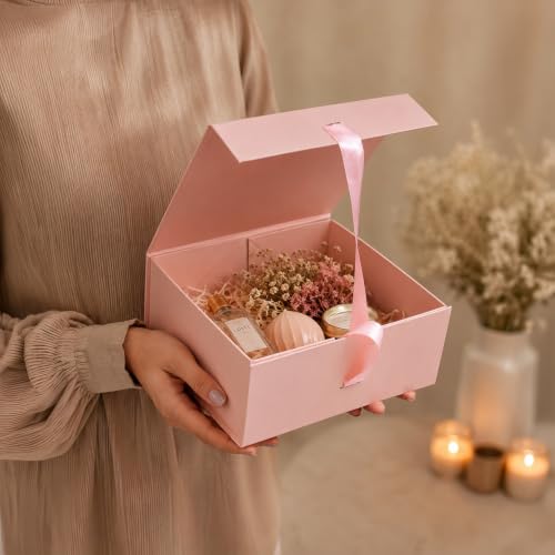 Image of Kura by Ekhasa Foldable Large Multipurpose Gift Hamper Box (21.5 x 21 x 9.5 cm) with Magnetic Closure & Ribbon | Pink Rigid Cardboard Empty Reusable Packing Box | Birthday, Wedding & Festive Gifting