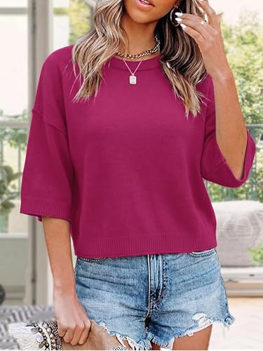 LaGracia Womens Short Sleeve Sweaters Loose Fit Oversized Cropped Sweaters Knit Crop Summer Tops Crew Neck Casual Knitted Top 2026 Hot Pink L — view 3