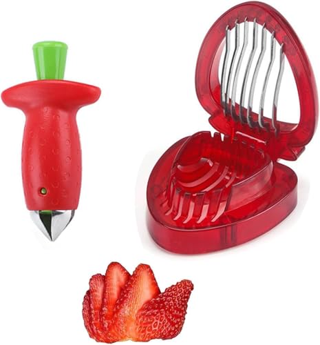 2-Piece Stainless Steel Strawberry Huller and Slicer Set for Effortless Fruit Prep – Safe for Kids and Dishwasher Friendly