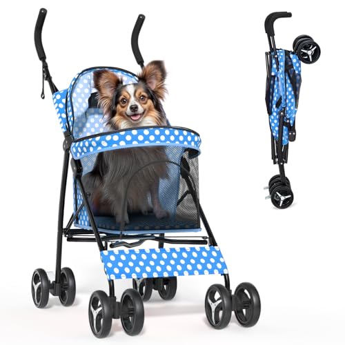 Image of Magshion Compact Fold Pet Travel Stroller for Small Dogs Cats | Up to 22lbs, 4-Wheel Lightweight Umbrella Shaped Design, Safety Tethers, Breathable Mesh, Cup Holder & Rear Storage