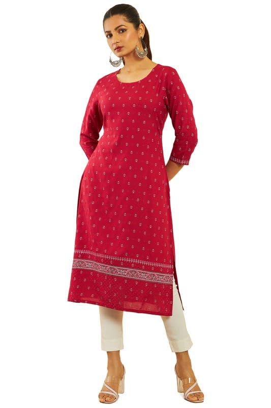 Image of Soch Womens Rayon Floral All-Over Print Round-Neck Straight Kurta