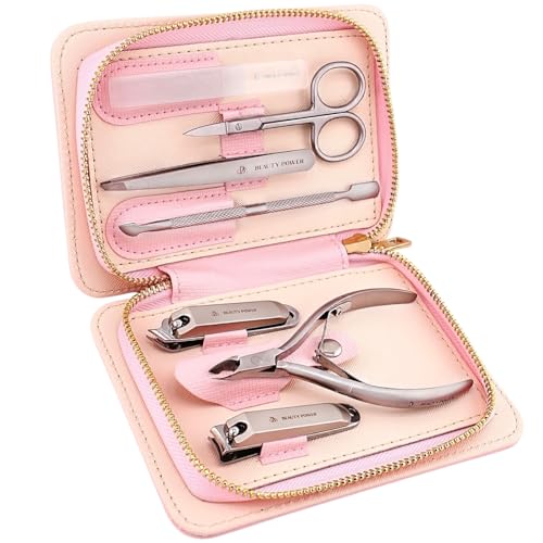 Beauty Power Manicure Pedicure Set 7-in-1 Stainless Steel, Ultra Sharp, Slanted Nail Clipper, Fingernail Clipper, Cuticle Nipper, Glass Nail File, Eyebrow Tweezers, Scissors, Case – Gift (Pink)