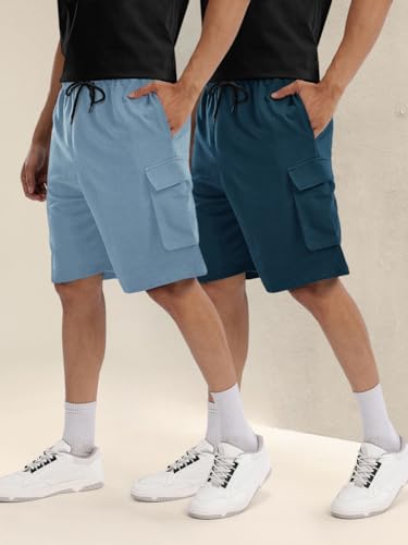 Image of Pinkmint Cargo Shorts for Men Pack of 2 Cotton Lycra Training Gym Shorts for Men Casual Workout Lightweight Summer Shorts with Dual Side Pockets Half Pant for Running, Gym, Walking, Travel
