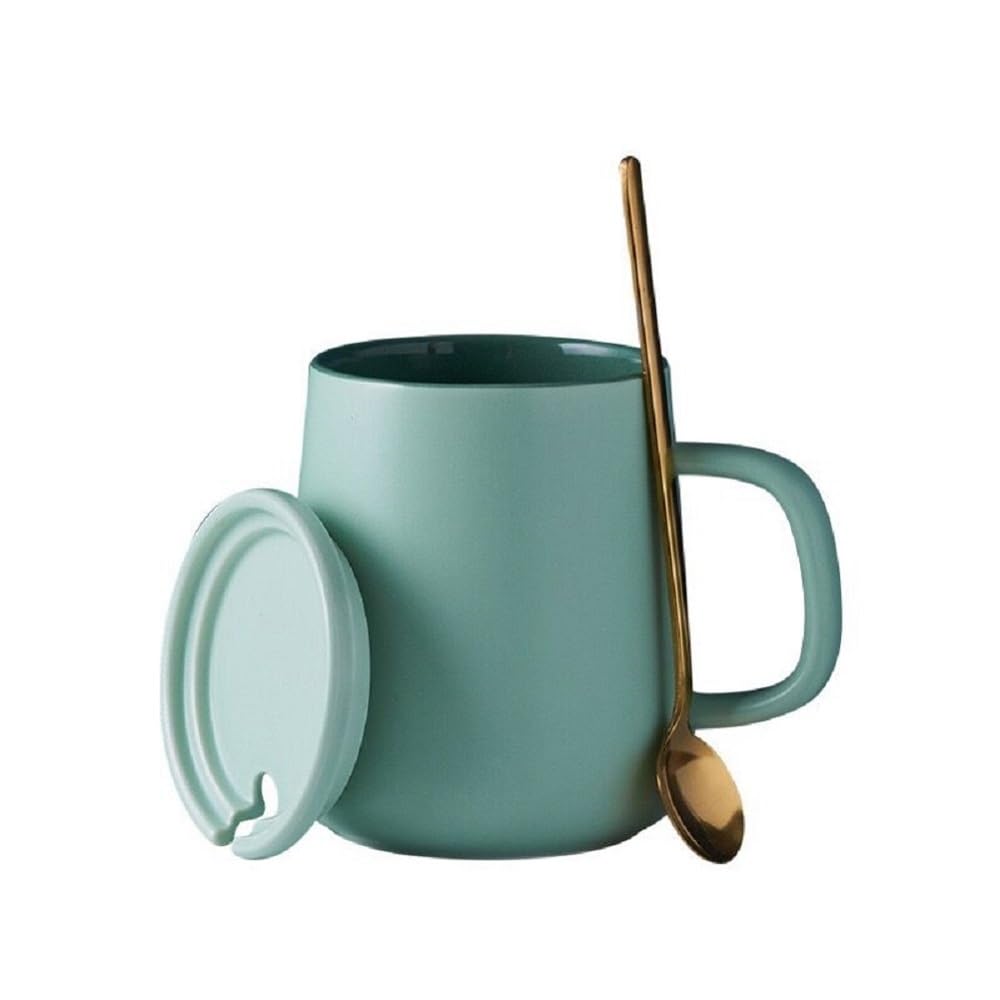 TÜDAZWKA 400ml Kaffeetasse mit Deckel und Edelstahllöffel Porzellan Kaffeebecher mit Henkel Kakaobecher für Tee Milch Cappuccino Latte Kakao (Grün)