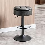 Round Storage Bar Stool, Grey Faux Leather Height Adjustable Barstool, 360°Counter Height Swivel Sto
