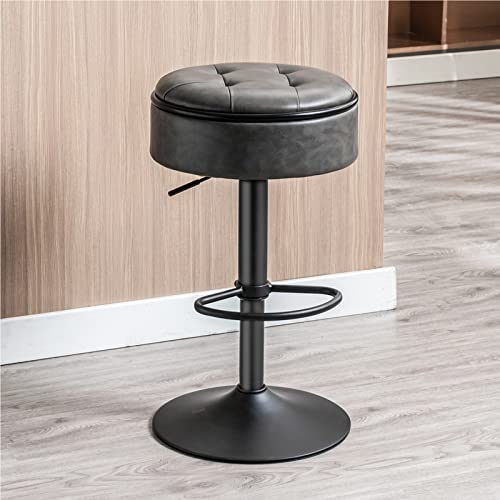 Round Storage Bar Stool, Grey Faux Leather Height Adjustable Barstool, 360°Counter Height Swivel Stool, Armless Bar Chair With Metal Frame For Kitchen Counter Dining Living Room #TOP4