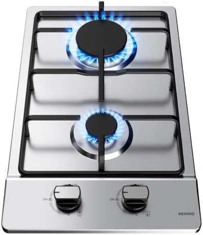 WEHIMO Gaskochfeld 2 Flammig, Edelstahl Einbau-Gaskochfeld, 30cm, 3700W, 2 Kochzonen (2700W+1000W), Domino Gaskochfeld für Propangas und Erdgas, Geeignet für Alle Töpfe
