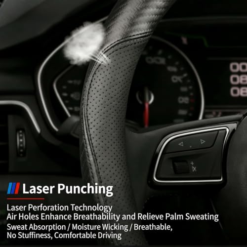 FSLPQP Microfiber Leather Steering Wheel Cover, D-Shape Carbon Fiber Black Wire Trim, Leather Cover with Anti-Slip Lining, Universal 14.5"-15" Auto Accessory (Black) by FSLPQP - Used condition - Image 4