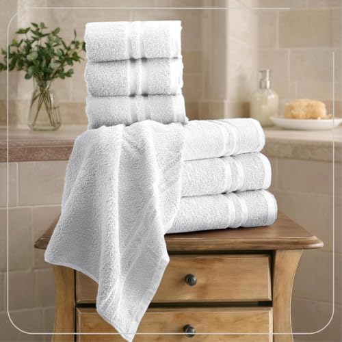 Image of 100% Cotton Terry Ultrasoft and Quick Absorbent 380 GSM Solid 6 pcs. Quick Dry Bath Towel Set for Bathroom or Gifting Towel Set (White)
