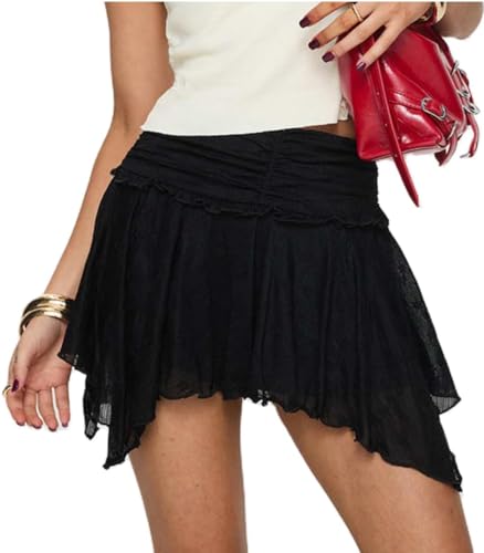 Women Lace Trim Skirt Y2k Silk Satin Half Slip Short Skirt Low Waist A Line Mini Skirts 00s Teen Girls Streetwear