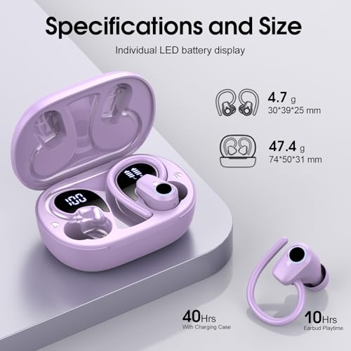Image of Wireless Earbuds, 2023 Bluetooth Headphones 5.3 Sport, 50H Ear buds with Earhooks, Dual LED Display Bluetooth Earbuds, Deep Bass Stereo Noise Cancelling Headphones, IP7 Waterproof Earphones, Purple