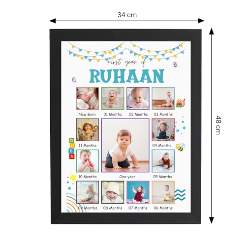Image of ASHVAH 12 Months Baby Boy Photo Frame 01st Birthday One Year Personalized 12 Images With Texts Best Gift (BABY 12 MONTH) - A3 Size